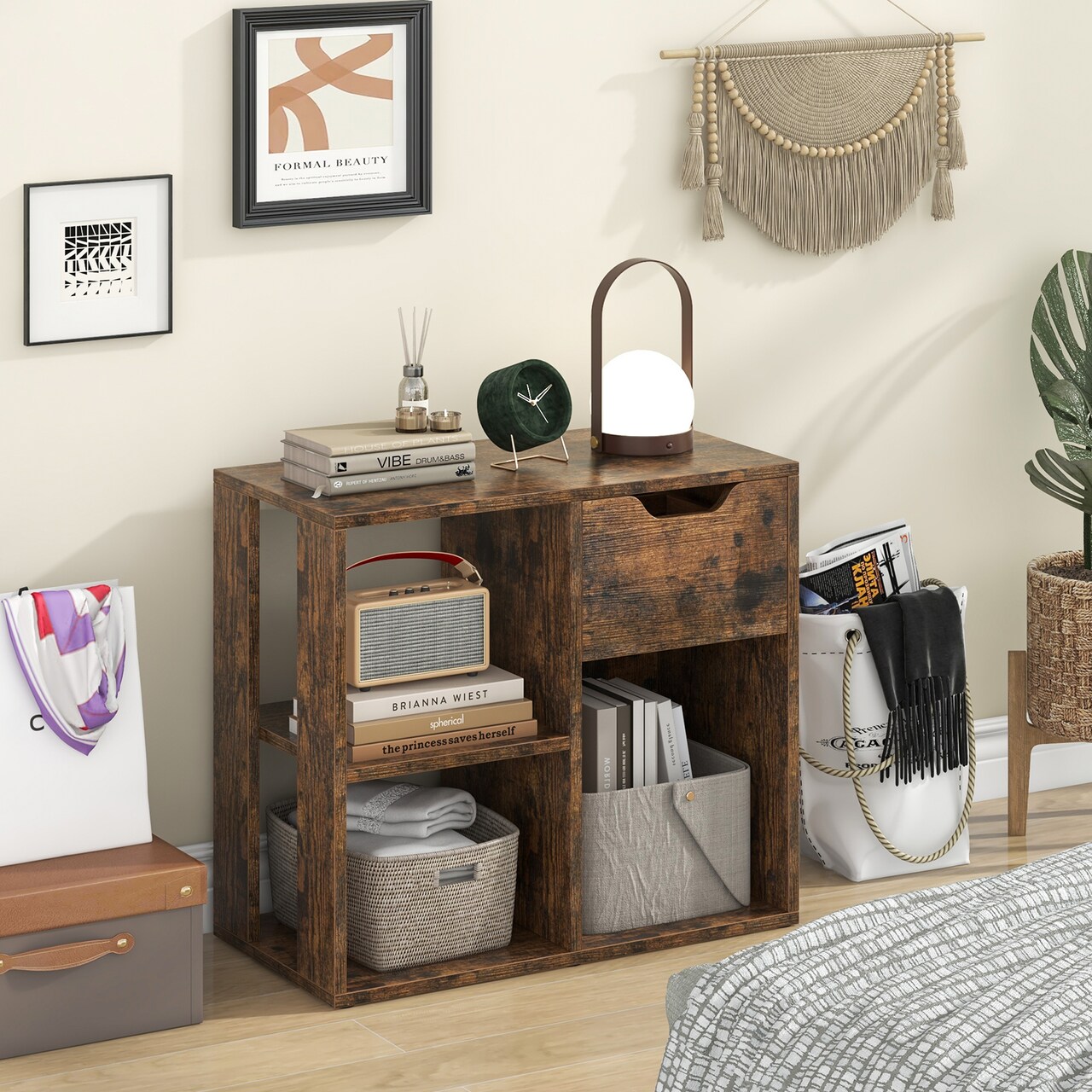 2-Tier Wooden Small Bookcase with Drawer and Storage Cubes for Bedroom or Living Room